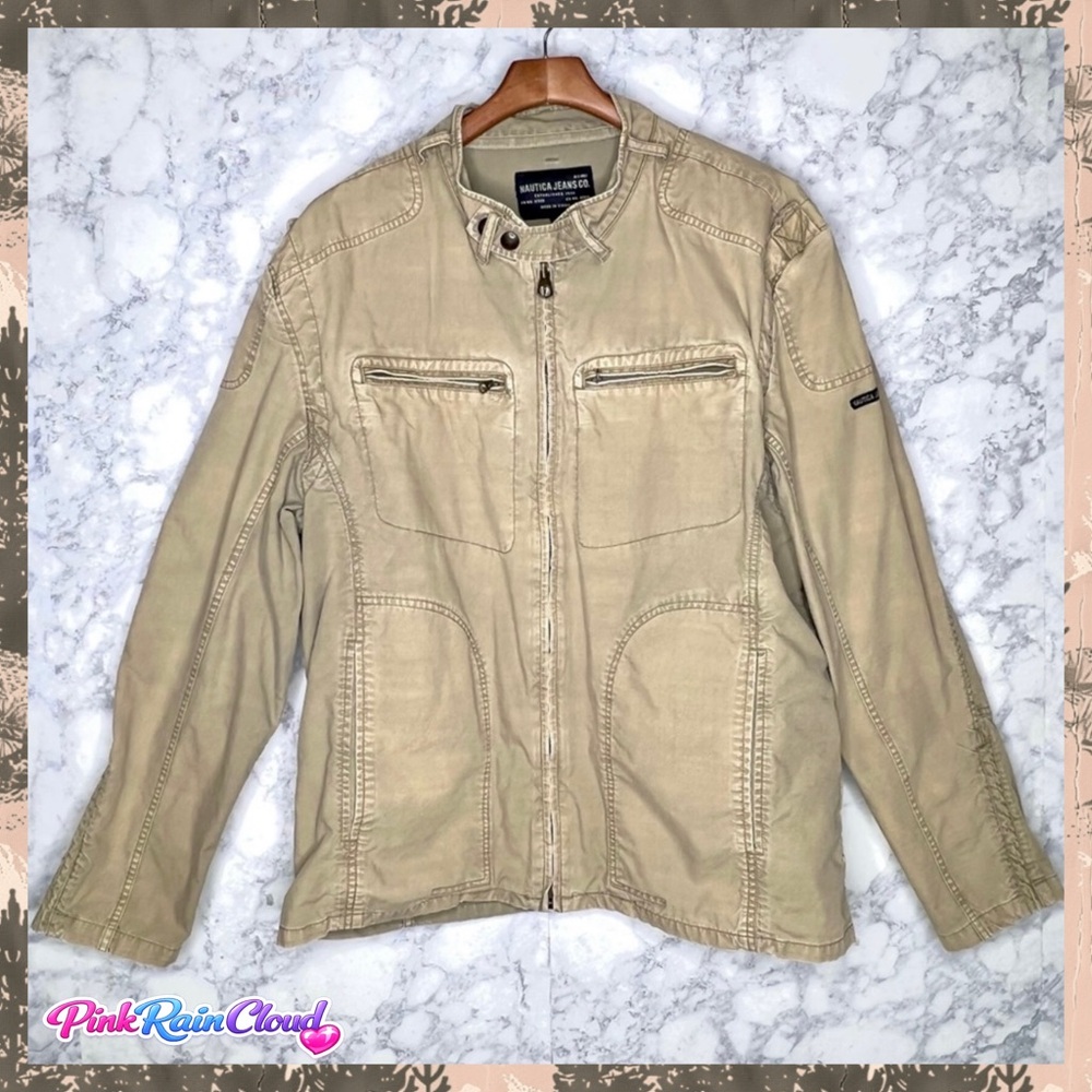 Nautica Jeans Co Khaki Y2K Utility Moto Zip Jacket Cargo 100% Cotton Men’s XL